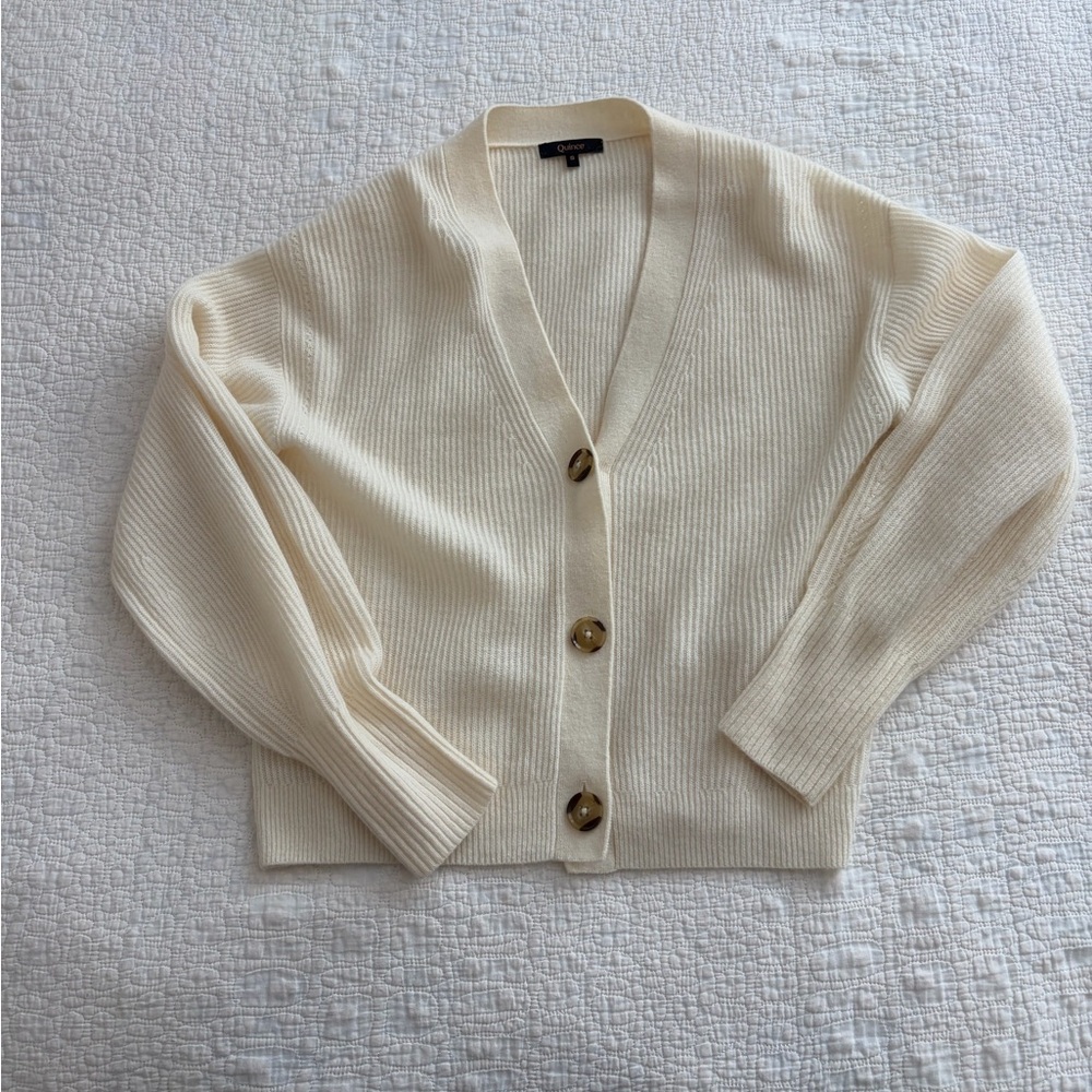 Quince Ivory Ribbed V-Neck Button Cardigan